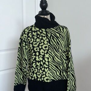 Zara Black and Green Cowl Neck Sweater with Animal Print